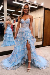 Sparkly Sweetheart Sequins A-Line Ruffled Long Corset Prom Dress with Slit