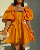 Robe de bal orange à manches bouffantes style rétro, coupe trapèze, référence Y5064