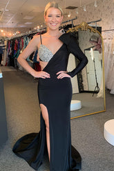 Robe de bal longue sirène à une manche ornée de perles