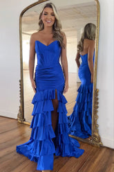 Royal Sweetheart Mermaid Satin Tiered Long Corset Prom Dress with Slit