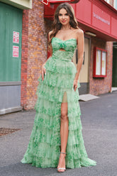 Vestido largo de fiesta verde con estampado floral, corte en A, de gasa y tul con abertura