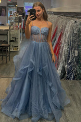 Sparkly Blue Sequins Spaghetti Straps Tulle Tiered A-Line Long Prom Dress