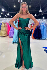 Strapless Mermaid Ruched Long Corset Prom Dress with Slit