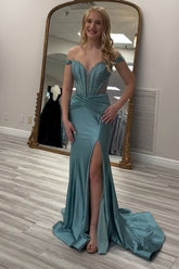 Off the Shoulder Satin Mermaid Long Corset Prom Dress with Slit