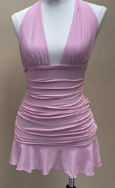 Pink Halter Deep V Neck Homecoming Dress Y2594
