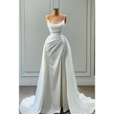 Plunging Scoop Beaded Pleats Satin Straps Long Prom Dress Evening Gowns