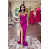 Robe de bal longue fourreau sexy en satin à col en V et fente