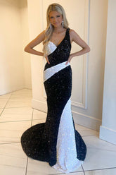 Black and White Sequin One-Shoulder Mermaid Long Prom Gowm
