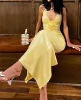 Vestido de noche de fiesta ajustado, sexy, amarillo, con lentejuelas y escote en V, con flores Y7891