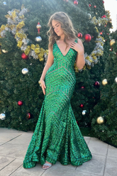 Glitter V-Neck Green Long Mermaid Prom Dress Green Evening Dress Y6205