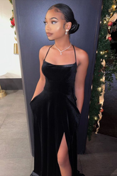 Robe de soirée noire sexy coupe trapèze avec poches Y5860