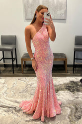 Robe de bal longue sirène à sequins corail