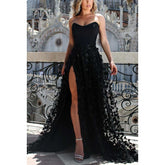 Robe de bal longue trapèze en tulle appliqué, sans bretelles, à lacets et fente