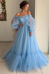 Robe de bal sirène en tulle bleu ciel à manches longues