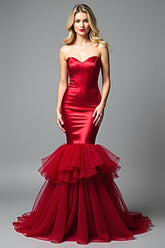 Robe de bal longue rouge dos nu à décolleté cœur