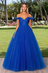 Robe de bal longue bleu roi à épaules dénudées