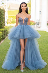 Robe de bal asymétrique en tulle gris-bleu à ourlet asymétrique