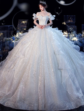 Fairy Romantic Off Shoulder White Wedding Dress Sweep Train Y6878
