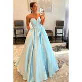 Vestido de fiesta largo de corte A con escote en forma de corazón, sin tirantes y brillante, con bolsillos