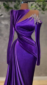 Robe de soirée glamour en velours violet à manches longues, robe de soirée élégante en velours violet Y729