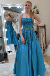 Vestidos largos de fiesta de encaje azul con espalda descubierta y cinturón, corte en A, vestidos formales de encaje azul, vestidos de noche azules Y174