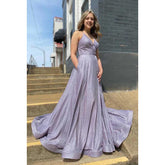 Robe de bal longue scintillante à bretelles croisées et col en V avec poches