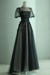 Robe de bal longue noire en tulle à manches bouffantes et coupe trapèze, référence Y7334