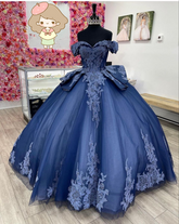 Vestido de quinceañera azul marino con hombros descubiertos, tul y encaje, vestido de baile azul marino para quinceañera Y2985
