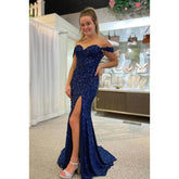 Sheath/Column Off-Shoulder Sequined Split Sleeveless Evening Dress