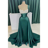 Satin Off-shoulder Beaded with Detachable Train Party Prom Evening Dress