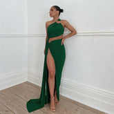 Fall Women Clothing Oblique Shoulder Sexy Cutout Design Evening Dress