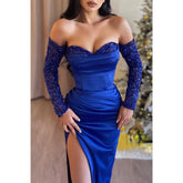 Satin Fitted Sweetheart Off-shoulder Sequined Pleats with Side Slit Party Prom Evening Dress