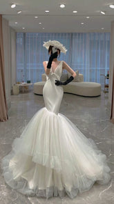 new arrival wedding dresses, V neck prom dresses tulle layer skirt modest prom dresses Y44