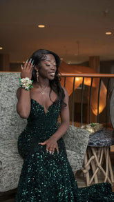 Robe de bal longue à sequins verts, style sirène, pour les élèves de terminale (Y120)