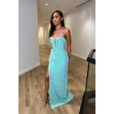 Robe de soirée fourreau/colonne à col en V, fendue, sans manches, à paillettes