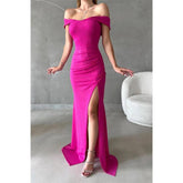 Robe de bal longue fendue sur le côté, fourreau/colonne, paillettes, épaules dénudées