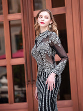 Robe de soirée longue style sirène à perles, luxueuse et élégante, manches longues, longueur au sol