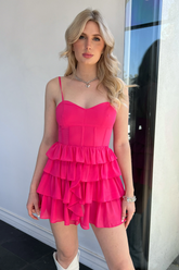 Vestido de fiesta rosa fucsia con tirantes finos y corte en A Y2287
