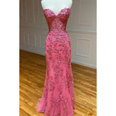 Robe de bal longue sexy à col en V et appliques en dentelle