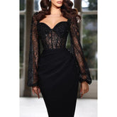 Fitted Sweetheart Long Sleeve Lace Applique Pleats Party Prom Evening Dress