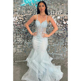 Robe de bal longue sirène transparente à bretelles spaghetti et dentelle appliquée