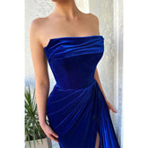 Royal Blue Strapless Velvet Pleats Long Train Split Sexy Prom Dress Party Gown