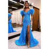 Robe de bal sirène longue et sexy à col en V, avec paillettes et plumes, et fente