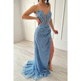 Robe de soirée scintillante sans bretelles, froncée et fendue sur le côté, à paillettes