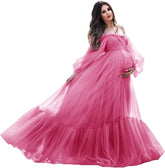 Puffy Sleeve Maternity Dress Tulle Robe for Photoshoot Off Shoulder Pregnancy Baby Shower Gown