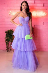 A-line Tiered Ruffled Long Tulle Prom Dress