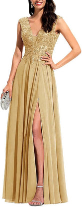 Vestido de dama de honor con apliques de gasa, escote largo en V, cuentas y abertura.