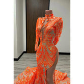 Robe de soirée fourreau/colonne à col haut et manches longues fendues à paillettes