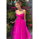 Robe de bal vintage à bretelles spaghetti et plis en tulle, longueur thé, douce