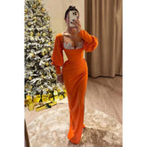 Robe de bal de fin d'année simple et décontractée, col en V, manches longues, froncée, fourreau, avec strass